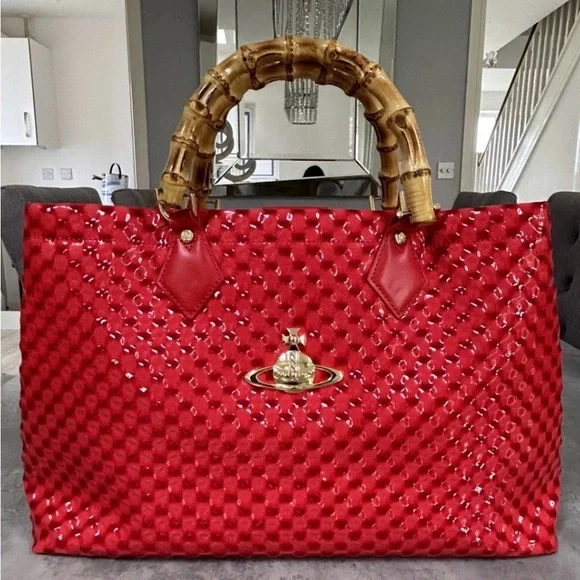 Rare Vivienne Westwood Red Quilted Patent Leather Tote with Bamboo Handles! - Picture 3 of 17